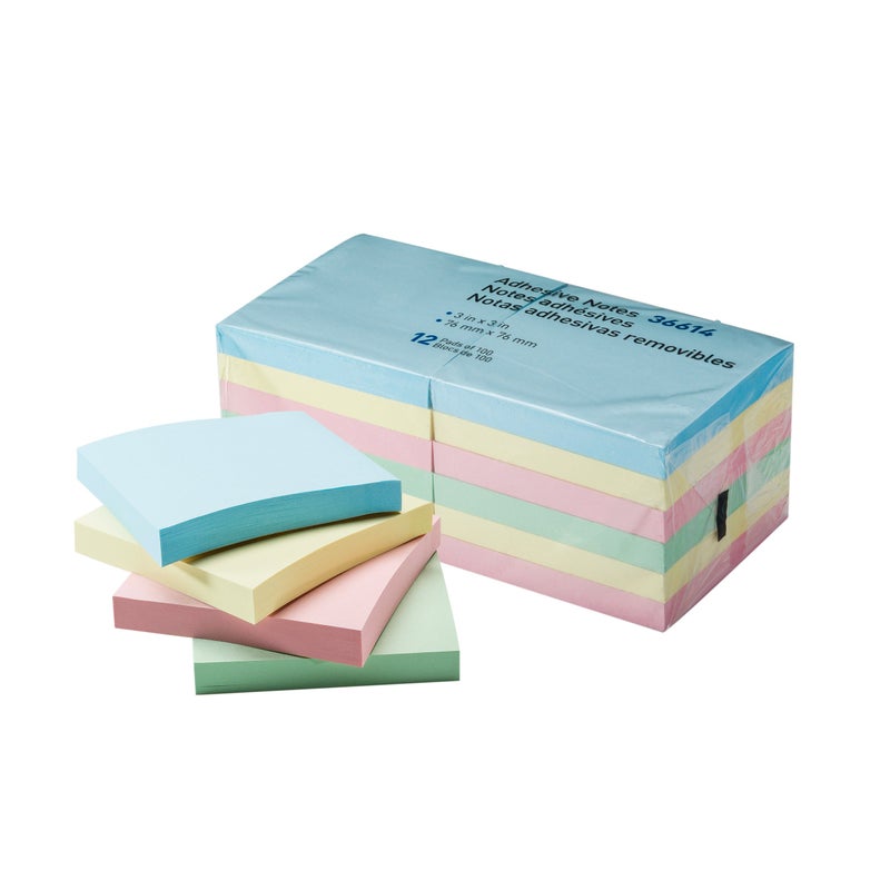 Klingy Sticky Notes Self-Stick Notes - 12 Pads/Pack 100 Sheets/Pad - 3 in x 3 inches - Adhesive Notes - Assorted, (Pastel) - Image 2